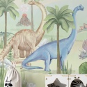 Pastelowa tapeta dla dzieci z dinozaurami, palmami i wulkanem, dekoracja ścienna do pokoju chłopca.