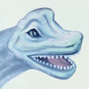 Niebieski brachiozaur na tapecie dla dzieci, pastelowy motyw dinozaurów do pokoju małego odkrywcy.