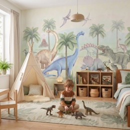 Tapeta ścienna z dinozaurami do pokoju chłopca, pastelowa aranżacja z prehistorycznym światem i palmami.