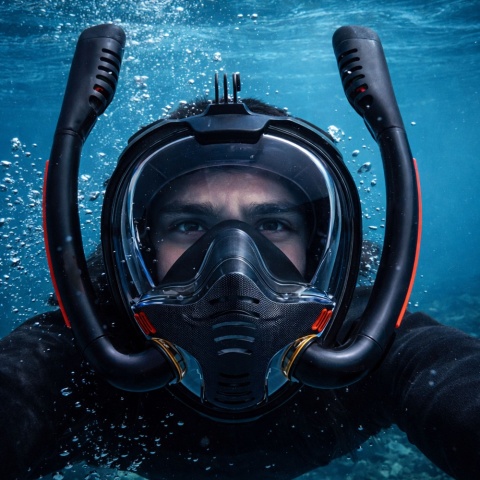 Pełnotwarzowa maska do snorkelingu czarna podczas nurkowania pod wodą