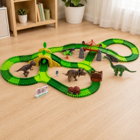Tor dla dinozaurów elastyczny zestaw wyścigowy z mostem tunelami i figurkami dinozaurów dla dzieci  Krótszy ALT: