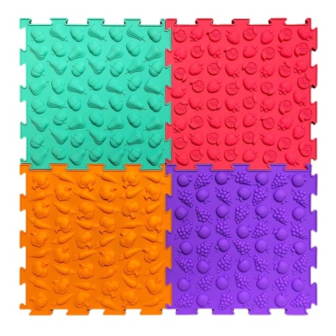 Kolorowa mata sensoryczna dla dzieci z motywem owoców i warzyw, puzzle sensoryczne o różnych strukturach.