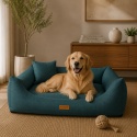 Turkusowe legowisko dla psa premium w nowoczesnym salonie z psem rasy golden retriever