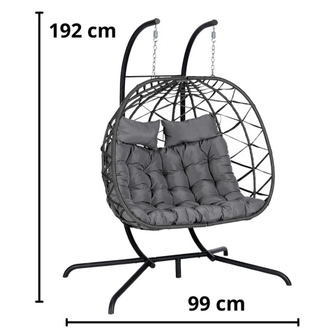 Dwuosobowy fotel wiszący kokon czarny ze stelażem – wymiary całkowite 192 cm x 99 cm