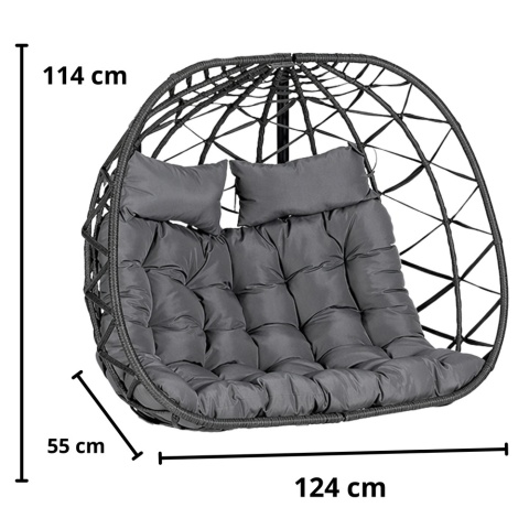 Kosz dwuosobowego fotela wiszącego z czarnego technorattanu – wymiary 124 x 114 x 55 cm