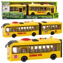 Autobus przegubowy szkolny żółty dla dzieci z otwieranymi drzwiami światłami i dźwiękami