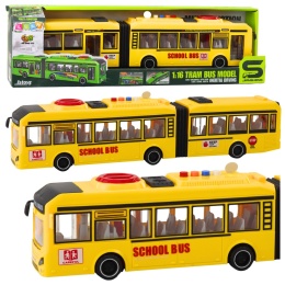 Autobus przegubowy szkolny żółty dla dzieci z otwieranymi drzwiami światłami i dźwiękami