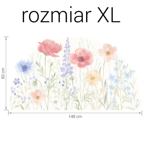 Pastelowa naklejka ścienna z motywem kwiatowej łąki – rozmiar XL 148 × 83 cm.
