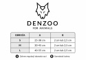 Tabela rozmiarów obroży dla psa Denzoo z zakresem regulacji obwodu szyi oraz szerokością taśmy dla rozmiarów S, M i L.