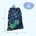 Worek sportowy z dinozaurami dla chłopca – wymiary 42 x 32 cm, pojemność 1,3 l.