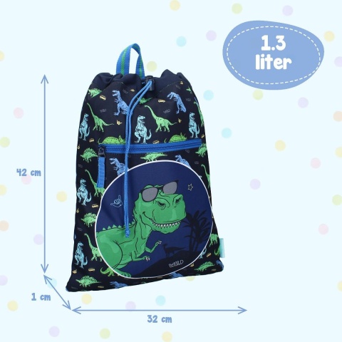 Worek sportowy z dinozaurami dla chłopca – wymiary 42 x 32 cm, pojemność 1,3 l.