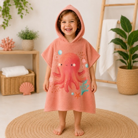 Dziewczynka w bawełnianym ponczu kąpielowym z kapturem i motywem ośmiorniczki po kąpieli