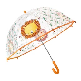 Przezroczysty parasol dla dzieci z motywem lwa i kolorowymi detalami przeciwdeszczowymi