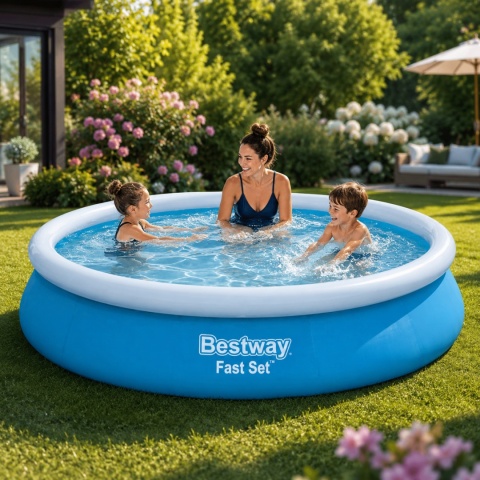 Basen dmuchany Bestway Fast Set niebieski do ogrodu dla dzieci i rodziny na letnią zabawę