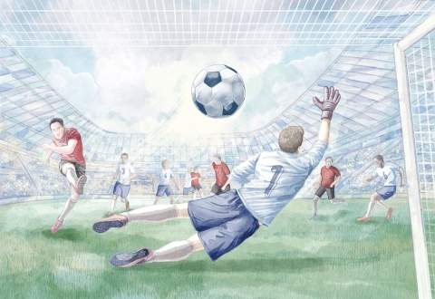 Kolorowa tapeta piłka nożna dla chłopca z boiskiem, bramkarzem i stadionem
