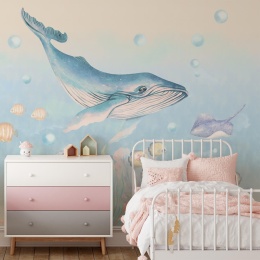 Tapeta Ocean z wielorybem do pokoju dziecka w pastelowych kolorach – podwodny świat z rybkami i morskimi zwierzętami