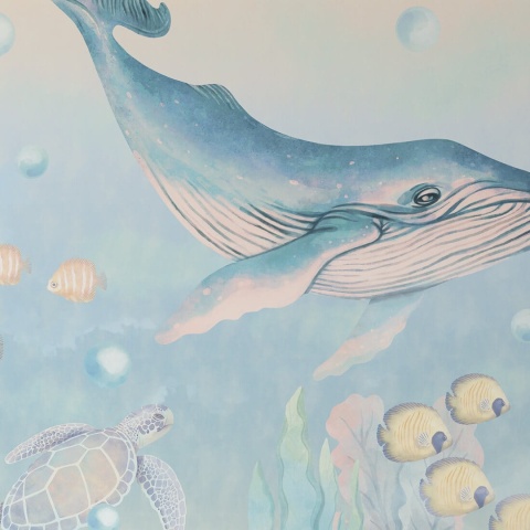Tapeta z wielorybem do pokoju dziecka – akwarelowy motyw oceanu w pastelowych odcieniach błękitu
