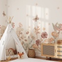 Tapeta kwiaty i motyle boho do pokoju dziecka – pastelowa dekoracja ścienna z roślinnym wzorem
