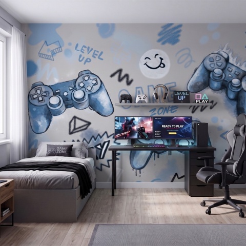 Tapeta Gamer Room Blue do pokoju chłopca z motywem gier komputerowych i e-sportu
