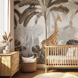 Tapeta dla dziecka jungle sepia z żyrafą, słoniem, zebrą i motywem egzotycznej przyrody