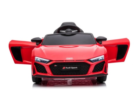 Audi R8 na akumulator dla dzieci w kolorze czerwonym z otwieranymi drzwiami i przednimi światłami LED.