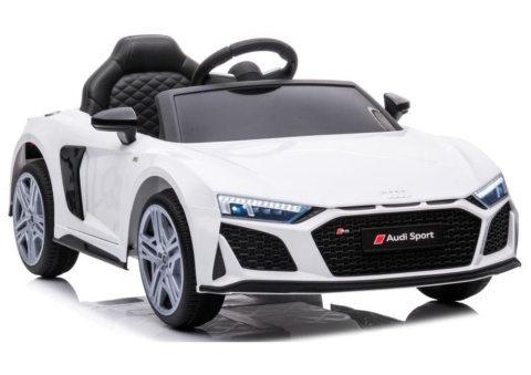 Białe Audi R8 na akumulator dla dzieci – sportowy samochód elektryczny z dużymi kołami i światłami LED.