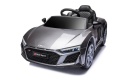 Szare Audi R8 na akumulator dla dziecka – sportowy samochód elektryczny widok z przodu