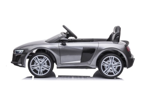 Szare Audi R8 dla dzieci na akumulator – widok boczny sportowego samochodu