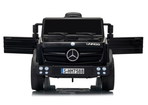 Auto na akumulator Mercedes Unimog HM7588 czarne z otwieranymi drzwiami i efektownym oświetleniem LED.