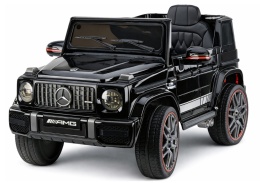 Mercedes AMG G63 na akumulator dla dzieci w kolorze czarnym – widok z przodu pod kątem.