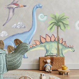 Naklejka na ścianę Dinozaury II w pokoju dziecka – stegozaur, brachiozaur i pterodaktyl w akwarelowym stylu.