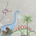 Akwarelowe naklejki dinozaurów na ścianę przedstawiające stegozaura, brachiozaura, palmę i pterodaktyla.
