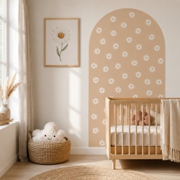 Naklejka na ścianę łuk Stokrotki w kolorze beżowym w pokoju dziecka, dekoracja ścienna boho z białymi kwiatkami
