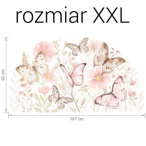 Duże naklejki motyle i kwiaty na ścianę do pokoju dziewczynki rozmiar XXL 167x92 cm