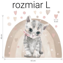 Naklejka na ścianę kotek z tęczą i serduszkami rozmiar L 65x48 cm do pokoju dziecka