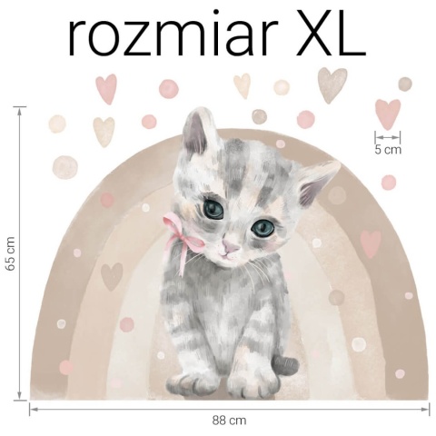 Naklejka na ścianę kotek z tęczą i serduszkami rozmiar XL 88x65 cm pastelowa dekoracja do pokoju dziewczynki