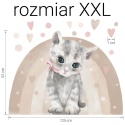 Naklejka na ścianę kotek z tęczą i serduszkami rozmiar XXL 125x92 cm dekoracja do pokoju dziecka w stylu pastelowym