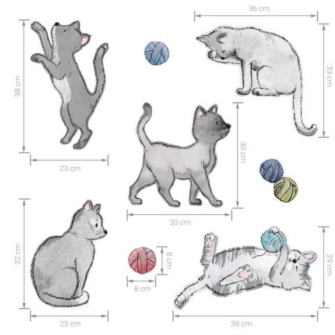 Naklejki na ścianę kotki z wymiarami – zestaw dekoracji do pokoju dziecka z kotami i kłębkami włóczki
