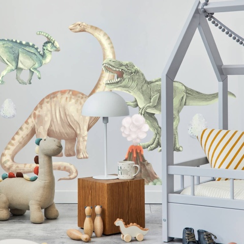 Akwarelowe naklejki dinozaury na ścianę w nowoczesnym pokoju dziecka.