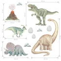Wymiary naklejek dinozaury na ścianę – T-Rex, triceratops, brachiozaur, wulkan i jajka dinozaurów.
