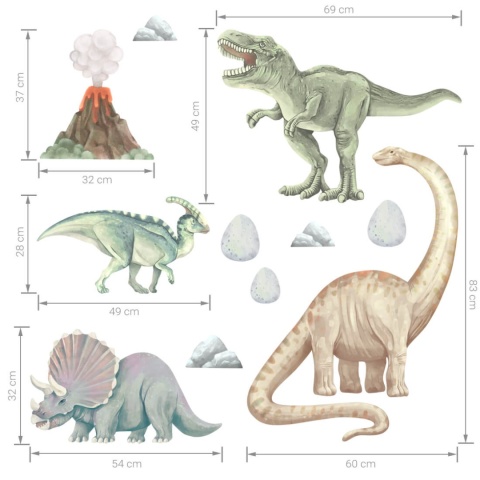 Wymiary naklejek dinozaury na ścianę – T-Rex, triceratops, brachiozaur, wulkan i jajka dinozaurów.