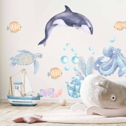 Naklejki ścienne z delfinem, żółwiem morskim i ośmiornicą do pokoju dziecka