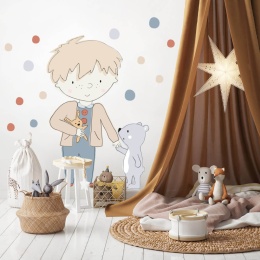 Naklejka na ścianę Teddy szary z misiem w pokoju chłopca – pastelowa dekoracja ścienna dla dzieci