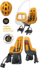 Bobike Go Mini Mighty Mustard żółty fotelik rowerowy przedni z osłoną przeciwwiatrową i kaskiem