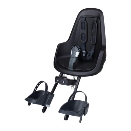 Czarny fotelik rowerowy Bobike One Mini z regulowanymi podnóżkami