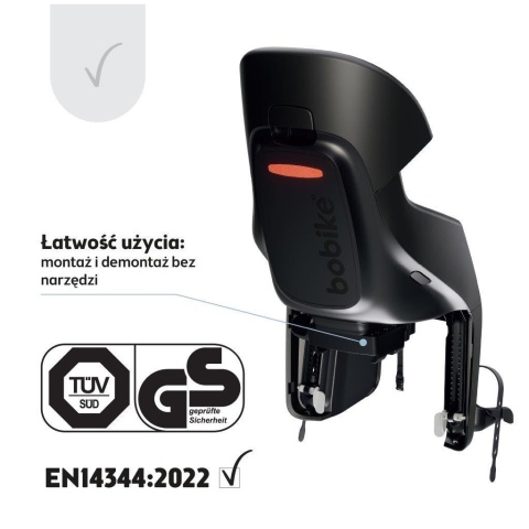 Fotelik rowerowy Bobike GO Maxi – certyfikaty bezpieczeństwa TÜV i EN14344