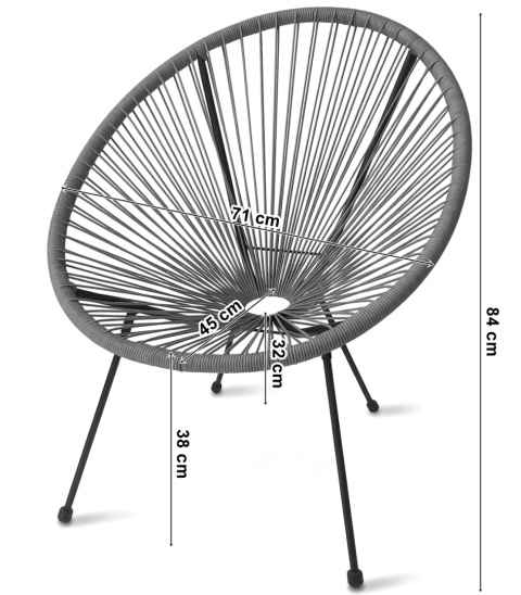 Wymiary czarnego fotela ogrodowego Acapulco 84 cm z metalowym stelażem