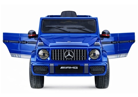 Auto na akumulator Mercedes AMG G63 niebieskie z otwieranymi drzwiami – widok frontowy.