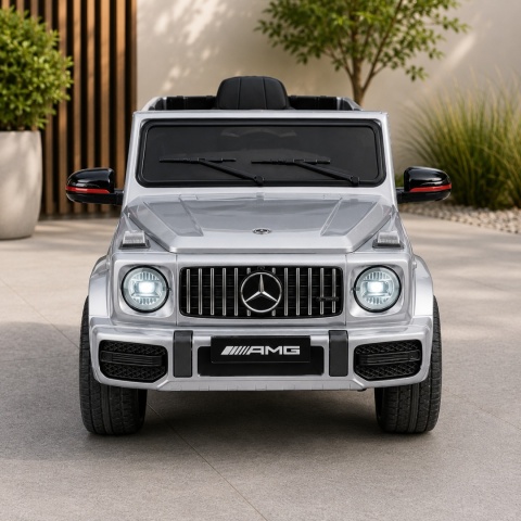 Mercedes AMG G63 na akumulator srebrny dla dzieci – licencjonowane auto elektryczne z oświetleniem LED