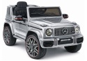 Srebrny Mercedes AMG G63 na akumulator dla dzieci – licencjonowane auto elektryczne z kołami EVA i siedzeniem z ekoskóry.